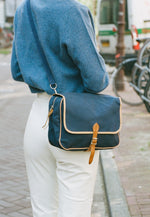 Load image into Gallery viewer, Navy &amp; Brown Canvas Messenger Bag
