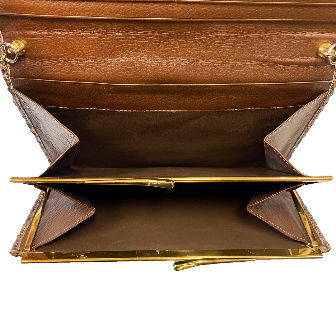 Dark Brown Leather Shoulder Bag with Golden Chain
