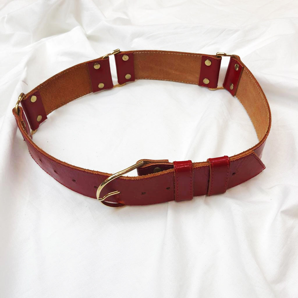 Red Leather Belt With Golden Details