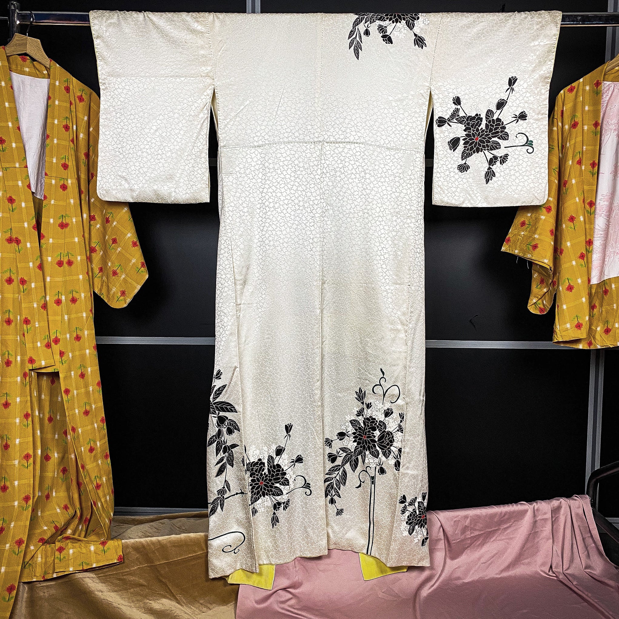 White Silky Kimono with Black Floral Print