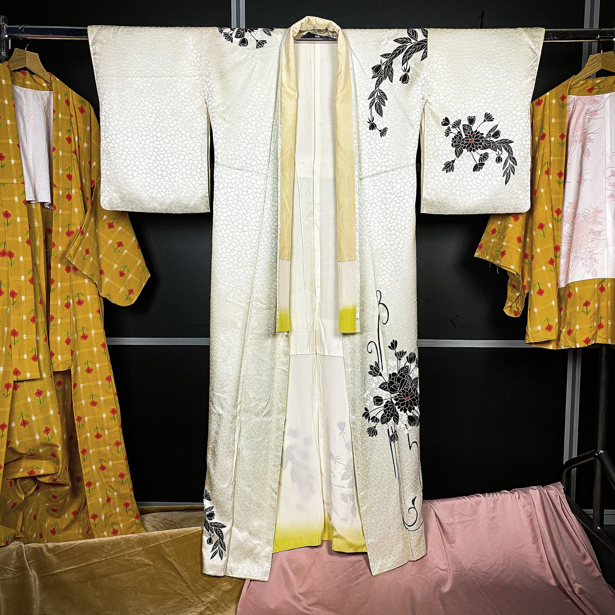 White Silky Kimono with Black Floral Print